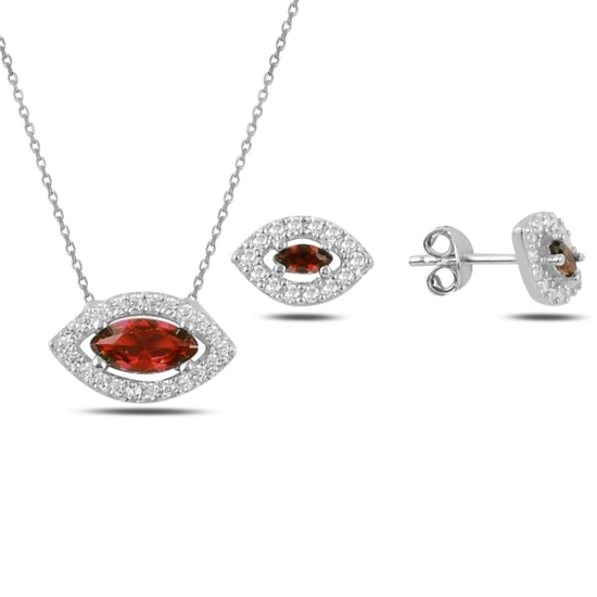 Ürün resmi: Rodyum Kaplama Garnet Zirkon (Koyu Kırmızı) Mekik Renkli Zirkon Taşlı Tektaş Gümüş Bayan Set