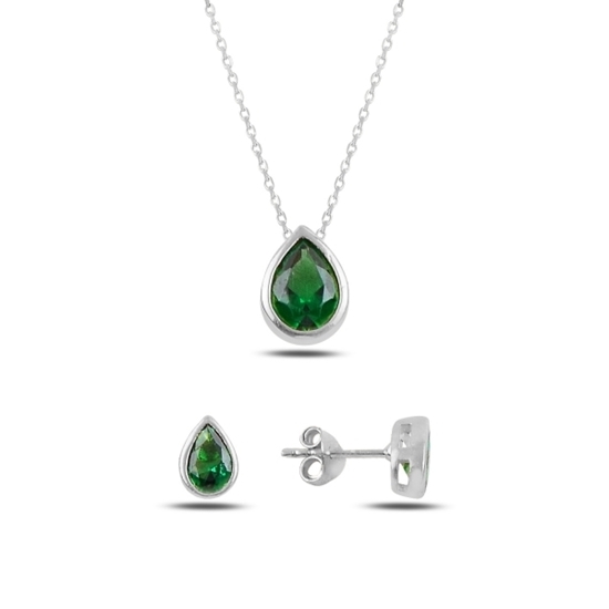 Ürün resmi: Rodyum Kaplama Zümrüt Zirkon (Yeşil) Renkli Zirkon Taşlı Tektaş Damla Gümüş Bayan Set