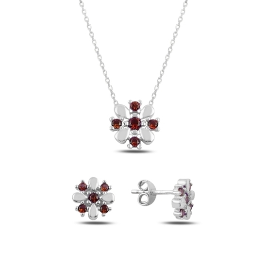 Ürün resmi: Rodyum Kaplama Garnet Zirkon (Koyu Kırmızı) Renkli Zirkon Taşlı Çiçek Gümüş Bayan Set