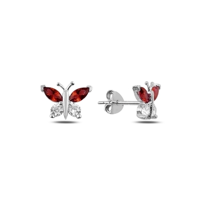 Resim Rodyum Kaplama Garnet Zirkon (Koyu Kırmızı) Renkli Zirkon Taşlı Kelebek Gümüş Küpe