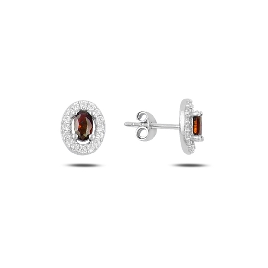 Ürün resmi: Rodyum Kaplama Garnet Zirkon (Koyu Kırmızı) Oval Renkli Zirkon Taşlı Tektaş Gümüş Küpe