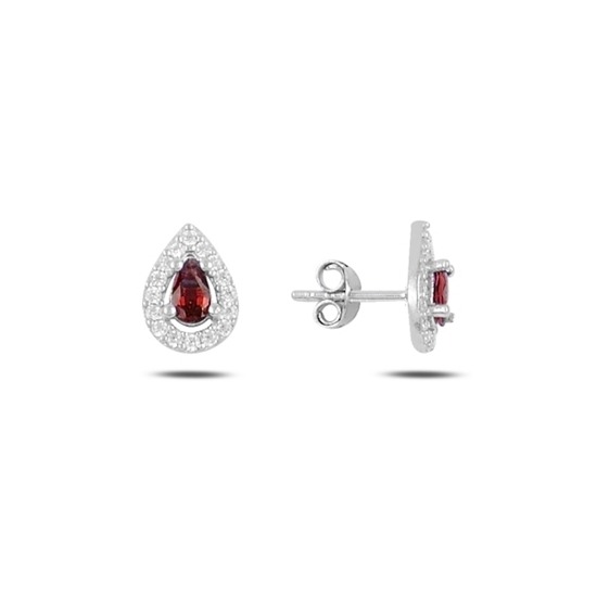 Ürün resmi: Rodyum Kaplama Garnet Zirkon (Koyu Kırmızı) Damla Renkli Zirkon Taşlı Tektaş Gümüş Küpe