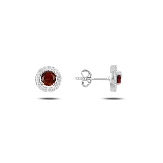 Ürün resmi: Rodyum Kaplama Garnet Zirkon (Koyu Kırmızı) Yuvarlak Renkli Zirkon Taşlı Tektaş Gümüş Küpe