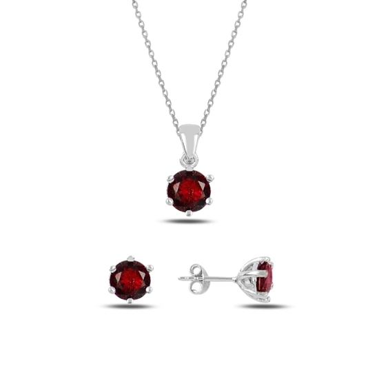 Ürün resmi: Rodyum Kaplama Garnet Zirkon (Koyu Kırmızı) Yuvarlak Renkli Zirkon Taşlı Tektaş Gümüş Bayan Set