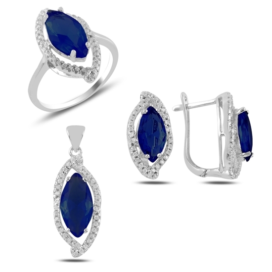 Ürün resmi: Rodyum Kaplama Safir Zirkon Taşlı Gümüş Bayan Set