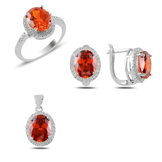 Ürün resmi: Rodyum Kaplama Garnet Zirkon Taşlı Gümüş Bayan Set