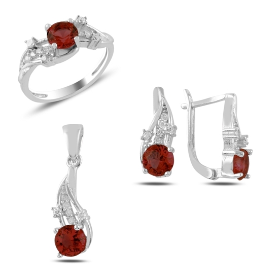 Ürün resmi: Rodyum Kaplama Garnet Zirkon Taşlı Gümüş Bayan Set
