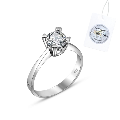 Resim Rodyum Kaplama Swarovski Zirkon Taşlı Tektaş Gümüş Bayan Yüzük