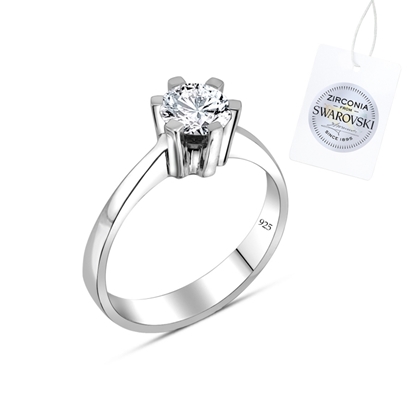 Resim Rodyum Kaplama Swarovski Zirkon Taşlı Tektaş Gümüş Bayan Yüzük