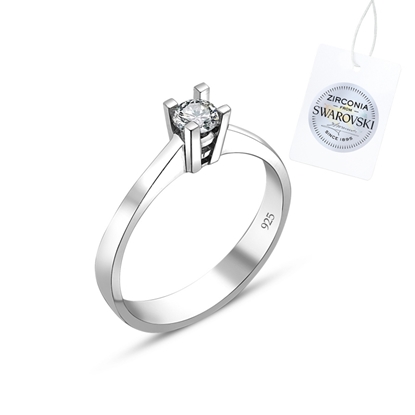 Resim Rodyum Kaplama Swarovski Zirkon Taşlı Tektaş Gümüş Bayan Yüzük