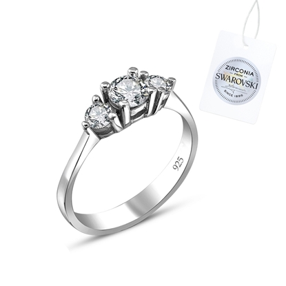 Resim Rodyum Kaplama Swarovski Zirkon Taşlı Üçtaş Gümüş Bayan Yüzük