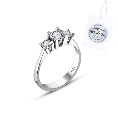 Resim Rodyum Kaplama Swarovski Zirkon Taşlı Üçtaş Gümüş Bayan Yüzük