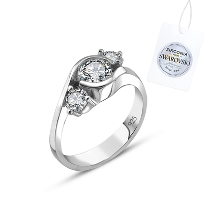 Resim Rodyum Kaplama Swarovski Zirkon Taşlı Üçtaş Gümüş Bayan Yüzük