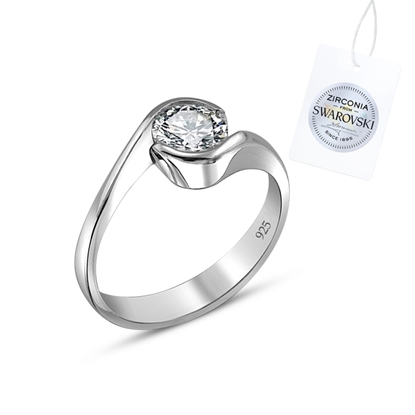 Resim Rodyum Kaplama Swarovski Zirkon Taşlı Tektaş Gümüş Bayan Yüzük