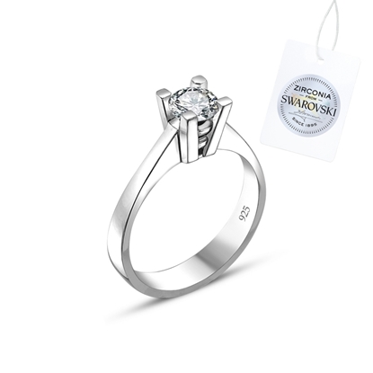 Resim Rodyum Kaplama Swarovski Zirkon Taşlı Tektaş Gümüş Bayan Yüzük