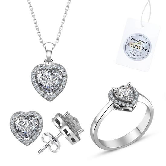 Ürün resmi: Rodyum Kaplama Swarovski Zirkon Taşlı Kalp Halo Tektaş Gümüş Bayan Set