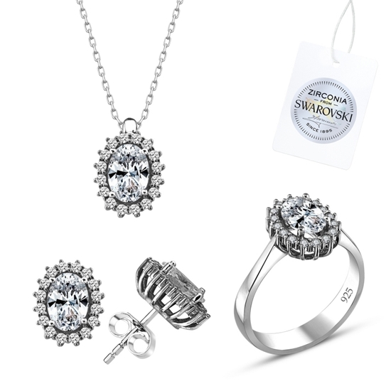 Ürün resmi: Rodyum Kaplama Swarovski Zirkon Taşlı Oval Halo Tektaş Gümüş Bayan Set