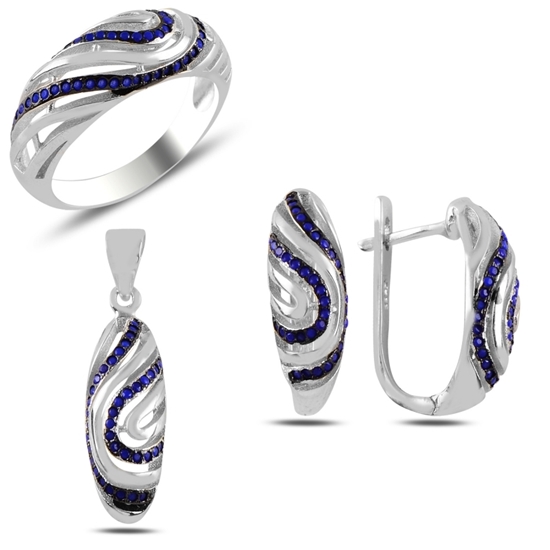 Ürün resmi: Rodyum Kaplama Safir Zirkon Taşlı Gümüş Bayan Set