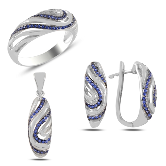 Ürün resmi: Rodyum Kaplama Safir Zirkon Taşlı Gümüş Bayan Set