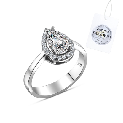 Resim Rodyum Kaplama Swarovski Zirkon Taşlı Halo Damla Tektaş Gümüş Bayan Yüzük
