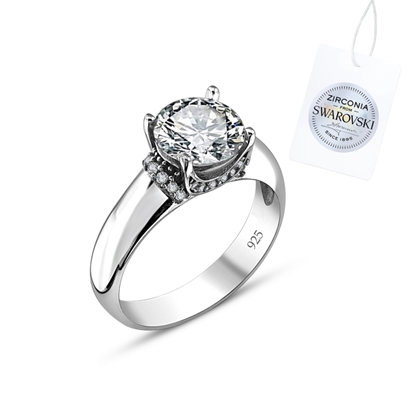 Resim Rodyum Kaplama Swarovski Zirkon Taşlı Tektaş Gümüş Bayan Yüzük