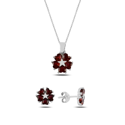 Resim Rodyum Kaplama Garnet Zirkon (Kırmızı) Kalp Zirkon Taşlı Çiçek & Yıldız Gümüş Bayan Set