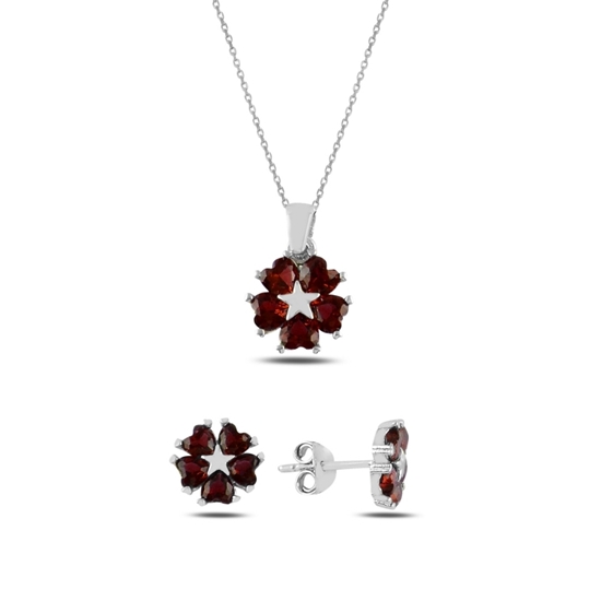 Ürün resmi: Garnet Zirkon (Kırmızı) Kalp Zirkon Taşlı Çiçek & Yıldız Gümüş Bayan Set