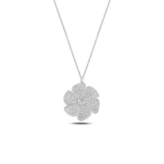 Ürün resmi: Rodyum Kaplama Çiçek Zirkon Taşlı Gümüş Bayan Kolye