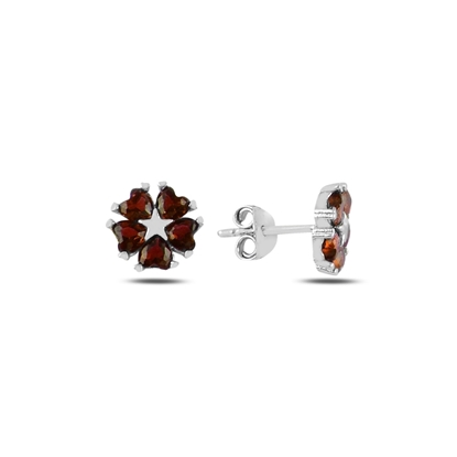 Resim Rodyum Kaplama Garnet Zirkon (Kırmızı) Kalp Zirkon Taşlı Çiçek & Yıldız Gümüş Küpe