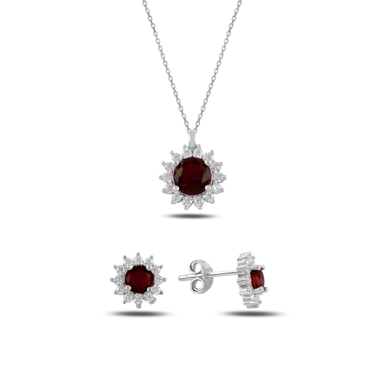 Ürün resmi: Garnet Zirkon (Kırmızı) Halo Tektaş Zirkon Taşlı Gümüş Bayan Set