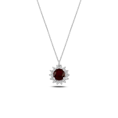 Resim Rodyum Kaplama Garnet Zirkon (Kırmızı) Halo Tektaş Zirkon Taşlı Gümüş Bayan Kolye