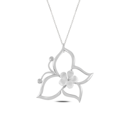 Ürün resmi: Rodyum Kaplama Çiçek Sedef & Kelebek Zirkon Taşlı Gümüş Bayan Kolye