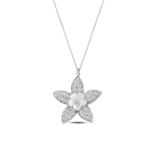 Ürün resmi: Rodyum Kaplama Çiçek Sedef & Zirkon Taşlı Gümüş Bayan Kolye