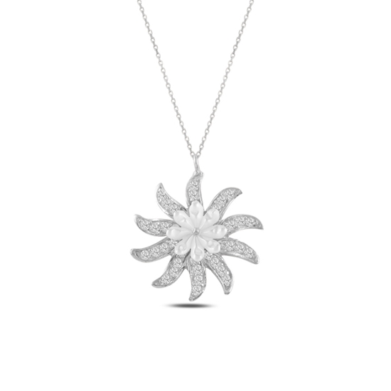 Ürün resmi: Rodyum Kaplama Çiçek Sedef & Zirkon Taşlı Gümüş Bayan Kolye