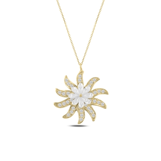 Ürün resmi: Altın Kaplama Çiçek Sedef & Zirkon Taşlı Gümüş Bayan Kolye