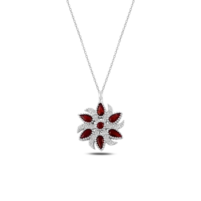 Resim Rodyum Kaplama Garnet Zirkon (Kırmızı) Zirkon Taşlı Gümüş Bayan Kolye