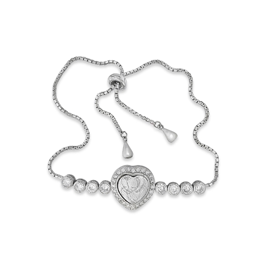 Ürün resmi: Kalpli Sekiz Beyaz Zirkon Taşlı Rodyum Kaplama Gümüş Bayan Asansörlü Bileklik