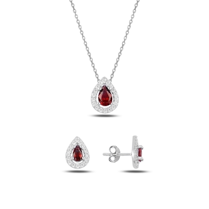 Resim Rodyum Kaplama Garnet Zirkon (Koyu Kırmızı) Damla Renkli Zirkon Taşlı Gümüş Bayan Set