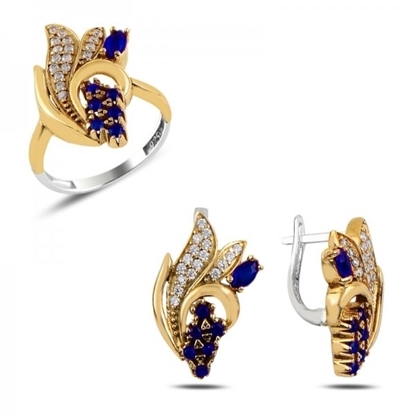 Resim Safir Zirkon (Lacivert) Zirkon Taşlı Otantik Gümüş Bayan Set
