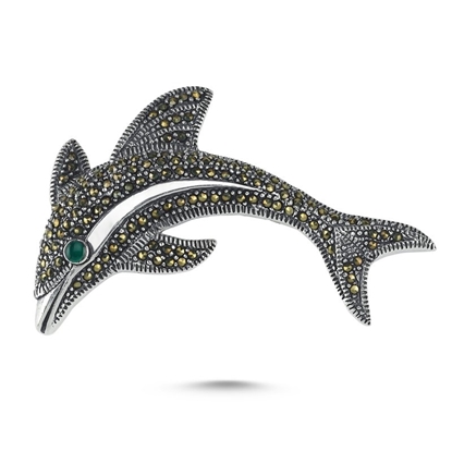 Resim Yunus Balığı Markazit & Yeşil Akik Taşlı Gümüş Broş