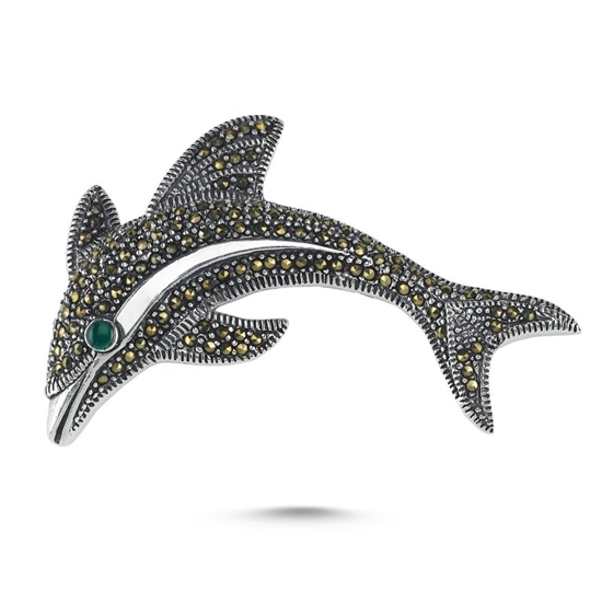 Ürün resmi: Yunus Balığı Markazit & Yeşil Akik Taşlı Gümüş Broş