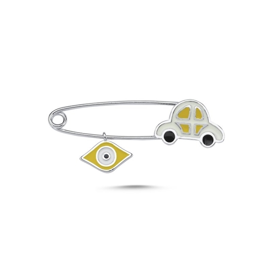 Ürün resmi: Rodyum Kaplama Araba & Göz Mineli Çengelli İğne Gümüş Broş