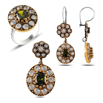Resim Olive Zirkon Taşlı Otantik Gümüş Bayan Set