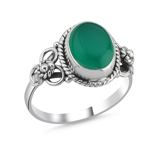 Ürün resmi: Yeşil Akik Taşlı Oval Kesim & Etnik Detaylı Oksitli Gümüş Bayan Yüzük