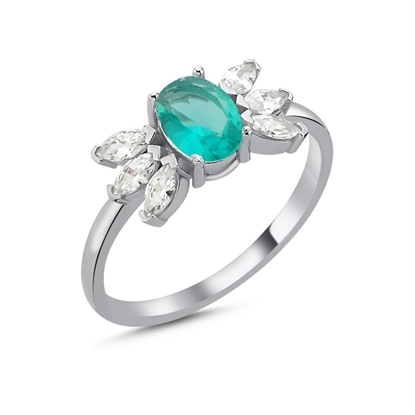 Resim Rodyum Kaplama Paraiba Oval Mekik Zirkon Taşlı Gümüş Bayan Yüzük