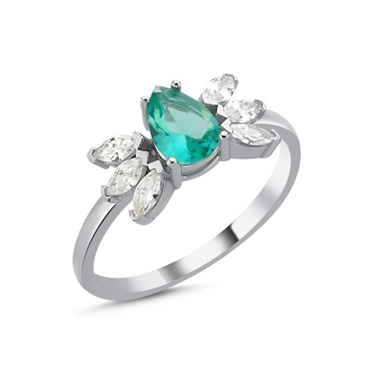 Resim Rodyum Kaplama Paraiba Damla Mekik Zirkon Taşlı Gümüş Bayan Yüzük