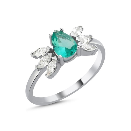 Ürün resmi: Rodyum Kaplama Paraiba Damla Mekik Zirkon Taşlı Gümüş Bayan Yüzük