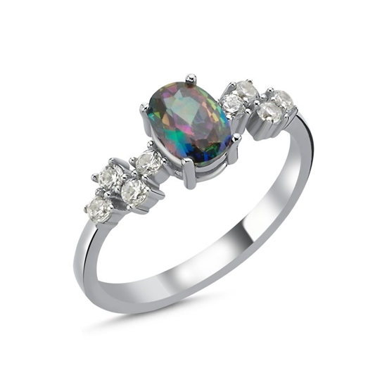 Ürün resmi: Rodyum Kaplama Mistik Topaz Oval Zirkon Taşlı Gümüş Bayan Yüzük