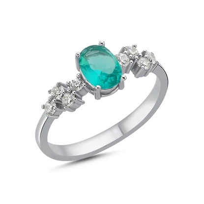 Resim Rodyum Kaplama Paraiba Oval Zirkon Taşlı Gümüş Bayan Yüzük