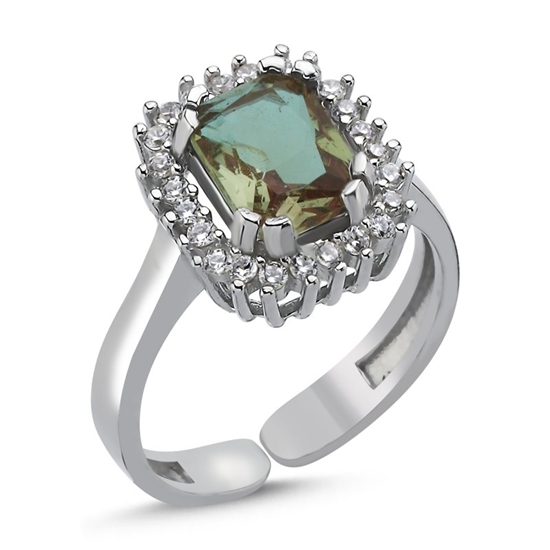 Ürün resmi: Rodyum Kaplama Zultanit Zirkon Taşlı Emerald Kesim Ayarlanabilir Boylu Halo Tektaş Gümüş Bayan Yüzük